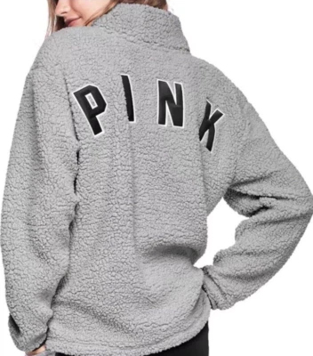 NUEVO CON ETIQUETAS JERSEY VICTORIA'S SECRET ROSA SHERPA BOYFRIEND GRIS TIBURÓN CUARTO CREMALLERA LRG Foto 1 de 3