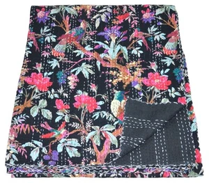 Indian Handmade Vintage Queen Bird Print Kantha Quilt Bedspread Throw Blanket - Picture 1 of 6