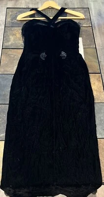 BLACK VELVET DRESS Goth Whimsigoth LONG FORMAL Y2K 90 MORTICIA WITCH STRAPPY 7/8 - Image 1 of 4
