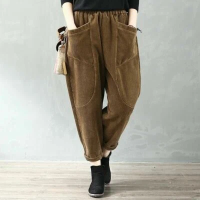 Women Corduroy Harem Pants Trousers Loose Pocket Elastic Waist Casual M-3XL - Image 1 of 4