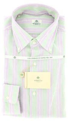 Borrelli Lavender Purple White, Green Striped Cotton Shirt 16.5/42 - Image 1 of 4