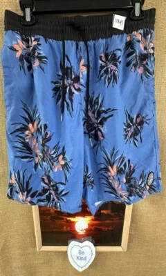 Volcom Hombre Exterior Pantalones Cortos Azul Multi Floral L Cintura Elástica Cordón Bolsillos Foto 1 de 4