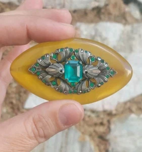 Rare Czech Bakelite Emerald Glass Marcasite Neiger? 1920s - 1930s Brooch - Picture 1 of 21