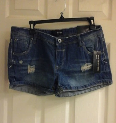 Pantalones cortos Hype Jean, niñas junior talla 7, mini puños, desgastados, lavado mediano, nuevos con etiquetas Foto 1 de 4