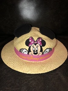 Vintage Disney World Kids Minnie Mouse Straw Brimmed Hat Ears Pink Ribbon Parks - Picture 1 of 7