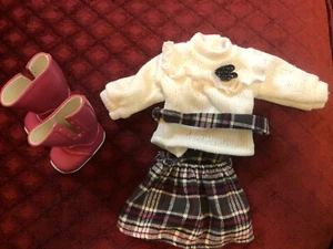 American Girl Plaid Skirt, White Sweater, Rain Boots - Picture 1 of 3