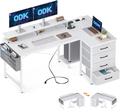 ODK Eckschreibtisch Weiß, Schreibtisch L Form Mit 4 Schubladen, 140X80X84.7Cm Tisch