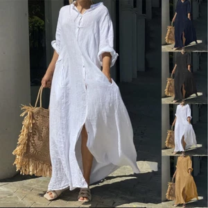 Übergröße Damen Baumwolle Leinen Maxikleid Lose Tunikakleid Kaftan Freizeitkleid - Bild 1 von 10
