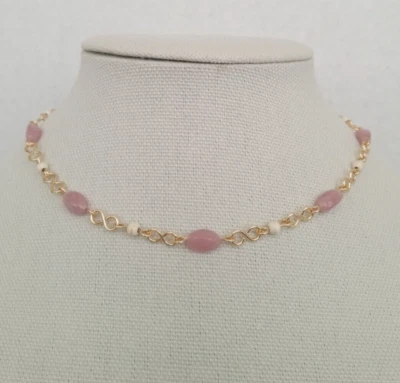 Cierre de gancho hecho a mano EE. UU. aprox. Collar de 16 pulgadas de piedras preciosas rosa howlita blanca Foto 1 de 4