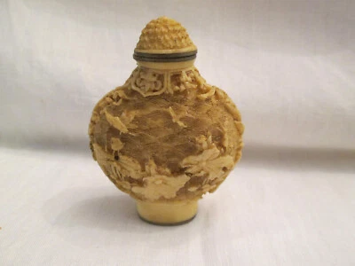 Hermosa botella de opio de tabaco tallada a mano de resina blanca china de colección firmada asiática Foto 1 de 4