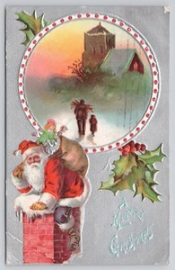1909 Merry Christmas Santa Bag of Toys Chimney Church Scene Embossed Postcard - Picture 1 of 2