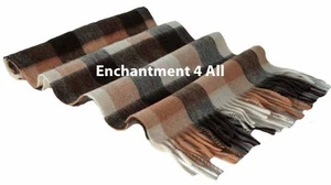100% 2-PLY PURE CASHMERE 70"x11" MEN NECK CHECK SCARF MUFFLER, BLACK/CAMEL/GRAY - Picture 1 of 2