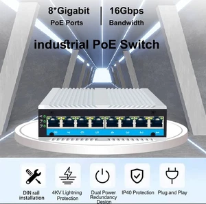 8 Port Industrial Poe Switch with 10/100/1000M IP40, Power Supply, DIN mount - Picture 1 of 15