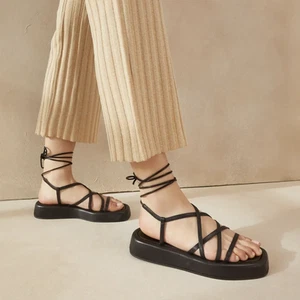 Loeffler Randall Beau Sandals Black Strappy Platform Leather Square Toe Sz 8 - Picture 1 of 12