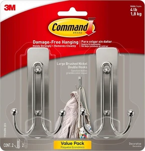Large Double Hooks 2 Hooks and 2 Command Strips Damage Free Hanging Wall Hooks - Picture 1 of 11