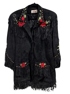 Jaqueta Vintage Char Santa Fe Franja Couro Camurça Preta Franja Rosas Vermelhas Tamanho 10 - Imagem 1 de 4