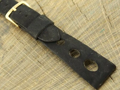 Correa de reloj Wyler vintage de gamuza negra usada con hebilla de tono dorado de 17,5 mm Foto 1 de 4