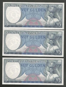 Suriname 5 Gulden 1.9.1963; UNC; P-120b; BNB-B506b; Lot of 3 consecutive ser. # - Picture 1 of 2