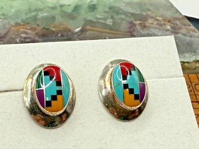 Native Ameirican Mutli Stone Inlay Sterling Silver Stud Earrings--1179.25 - Image 1 of 4
