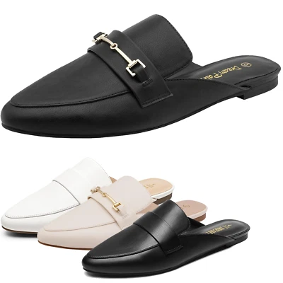 Women Flat Mules Buckle Pointed Toe Backless Slip on Slides Loafer Shoes - Image 1 of 4