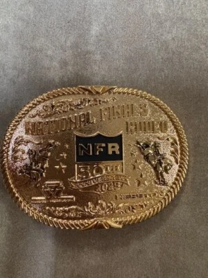 NEW!! 2025 "Adult" Gold Colored Hesston National Finals Rodeo Belt Buckle - Image 1 of 4