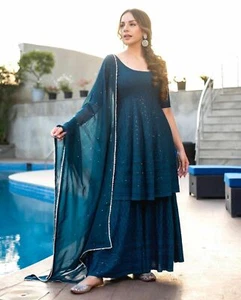 Indian style Women Embroidery Chikankari work Blue Sharara Nazmin Dupatta Set - Picture 1 of 7