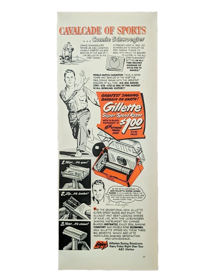 Anuncio impreso Gillette 1950. Connie Schwoegler Caballo Bolos Atleta Post Segunda Guerra Mundial  Foto 1 de 1