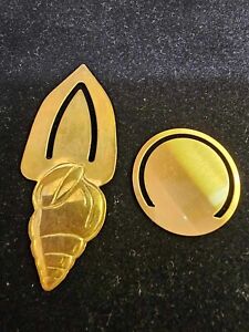 2 vtg seashell conch shell & round goldtone metal bookmark- B5