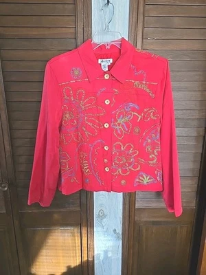 Chaqueta Coldwater Creek Mujer Roja Forrada Bordada Bohemia Hippie Denim Talla XL Foto 1 de 4