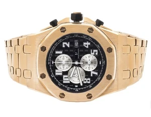 Mens Jewelry Unlimited Solid Rose Gold Steel Black Dial Chronograph Watch - Picture 1 of 9