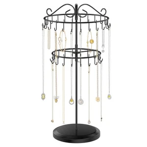 2 Tier Rotating Necklace Holder Organizer with 42 Hooks, Adjustable Metal Bra... - Picture 1 of 7