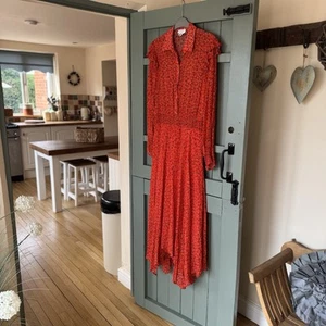 Ghost Coral Orange Ditsy Crepe Shirred Waist Asymmetric Floaty Midi Dress Size S - Picture 1 of 24