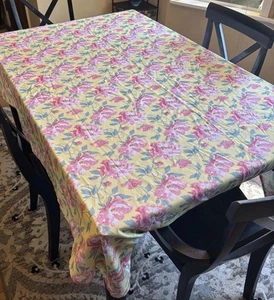 Laura Ashley Tablecloth 60x82 Peonies Fowers Yellow Pink Stain/Spill Resistant - Picture 1 of 5