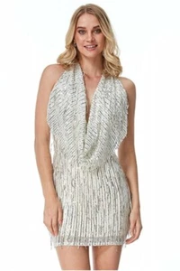 New GODDIVA Champagne Golden Silver SPARKLY SEQUIN Party Evening Dress Size 16 - Picture 1 of 6