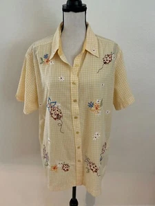 Vintage Bobbie Brooks Top Butter Yellow Button Up Embroidered Lady Bugs/Flowers - Picture 1 of 15