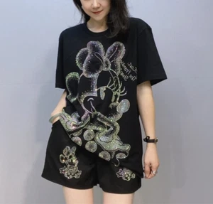 New Women Luxury Black Minnie Mouse Rhinestones Diamonds Short Suit 2PCS Set - Picture 1 of 8