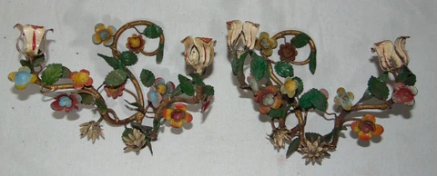 Pair  Vintage Italian Painted Wrought Iron Candle Sconces Flowers Shabby Chic Cover