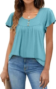 Womens Summer Tops Ruffle Short Sleeve T-Shirts Henley Round Neck (Size:XL) - Picture 1 of 8
