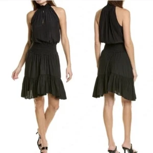 A.L.C. Cody Solid Black A-Line Dress Smocked Halter Sharkbite Hem Size 0 X1 - Picture 1 of 8