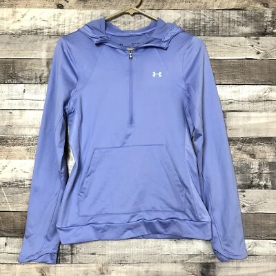 Pulôver feminino Under Armour ColdGear infravermelho 1/4 zíper com capuz roxo tamanho pequeno - Imagem 1 de 4