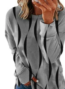 NEW SHEILAY CASUAL GRAY WITH BLACK STRIPES ROUNDNECK SWEATSHIRT W/LONG SLEEVES - Picture 1 of 2