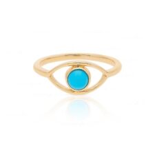 14K Gold 0.32 Ct. Genuine Turquoise Gemstone Evil Eye Thin Band Ring Fine Jew...