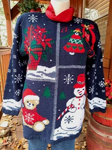 UGLY CHRISTMAS SWEATER Blue Snow Bear Snowman Poinsettia Bell Nutcracker Medium - Picture 1 of 3
