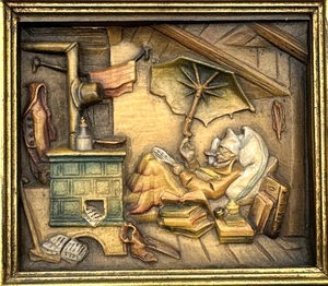 ANRI The Poor Poet Carl Spitzweg Wall Relief Plaque Hanging Vintage 6.5" x 7.25" - Picture 1 of 8