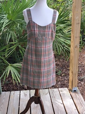 GB Jumper Dress Sz L Tartan Plaid  Black Purple Pinks Empire Waist Lined - Image 1 of 4