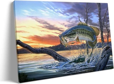 Large Mouth Bass Fish Canvas Wall Decor, Realistic Fish Oil Painting Bold Poster - Image 1 of 4