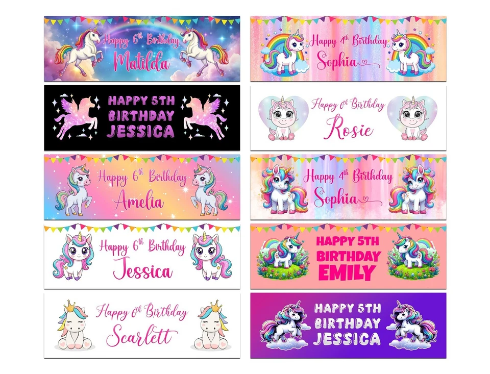 Banners de Cumpleaños Personalizados Diseño Unicornio Niños Niños Fiesta Decoración 515 Foto 1 de 1