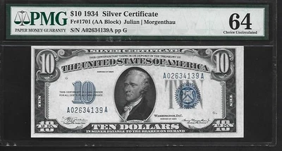 US $10 1934 PMG 64 UNC Fr #1701 Silver Certificate Julian/Morgenthau AA Block - Image 1 of 4