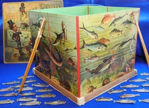 McLOUGHLIN BROS NEW YORK 1891 ANTIQUE CHROMOLITHO MAGNETIC FISH POND GAME - Foto 1 di 11