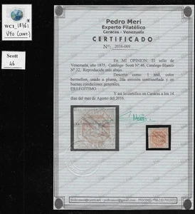 WC1_18761*. VENEZUELA. Valuable 1875 1 real stamp. Sc. 46. Used w. cert. - Picture 1 of 1